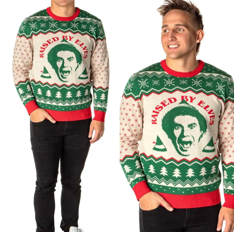 Bioworld ELF The Movie Mens Raised by Elves Ugly Christmas Sweater Knit Pullover