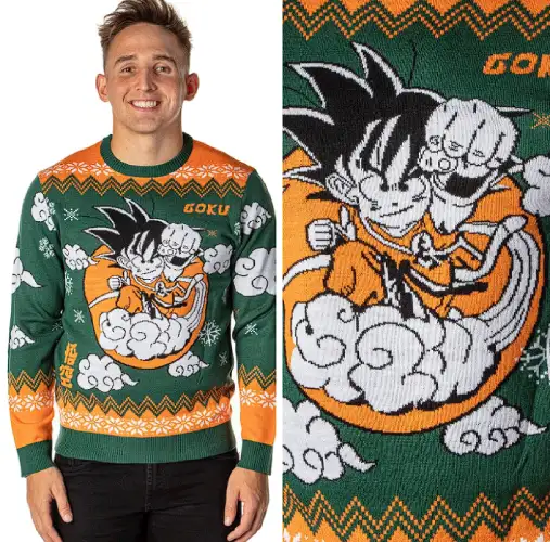 Dragon Ball Z Mens Kid Goku On Cloud Nimbus Ugly Christmas Sweater Knit Pullover