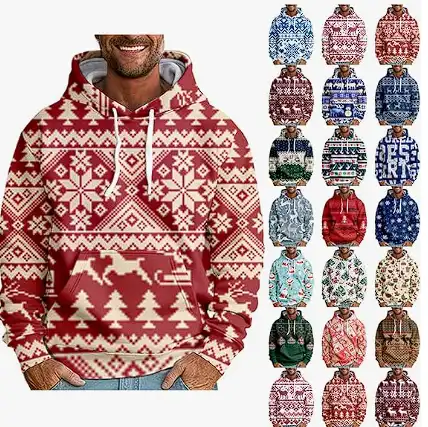 Mens Graphic Hoodies Christmas Elk Printed Hooded Flannel Warm Ugly Christmas Sweatshirt Oversized Unisex Winter