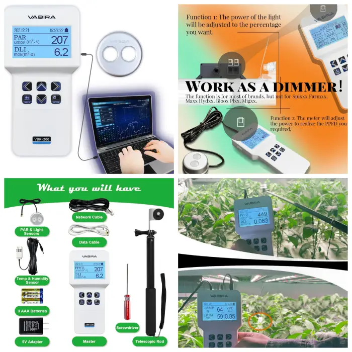 VBR-200 PAR Meter for Grow, Data Logger, Test PPFD, DLI, LUX, CCT, Temperature, Humidity, VPD. Dimmer