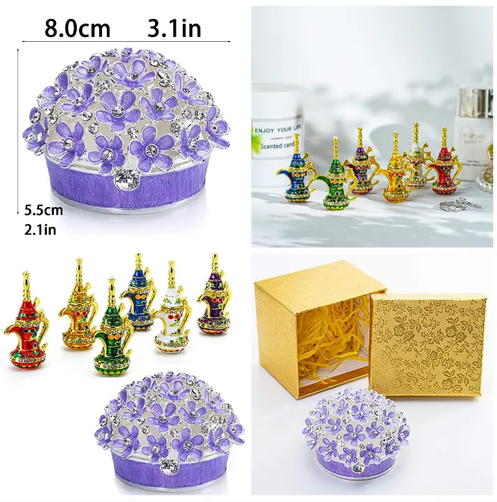 YU FENG Purple Forget Me Not Flower And Set 6 Mini Moroccan Teapot Trinket Jewelry Box